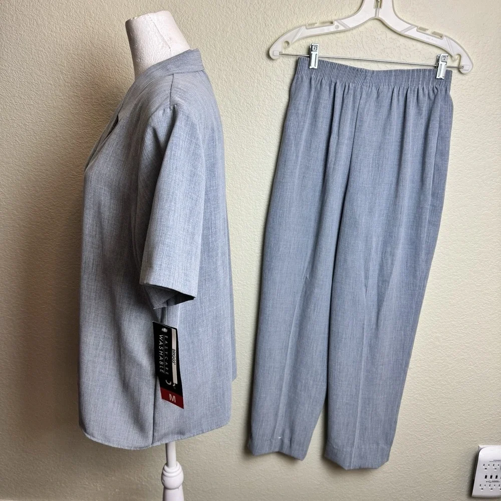 Vintage Briggs‎ Gray 2 Piece Pant Set Short Sleeve Button Up Casual Co-Ord S M